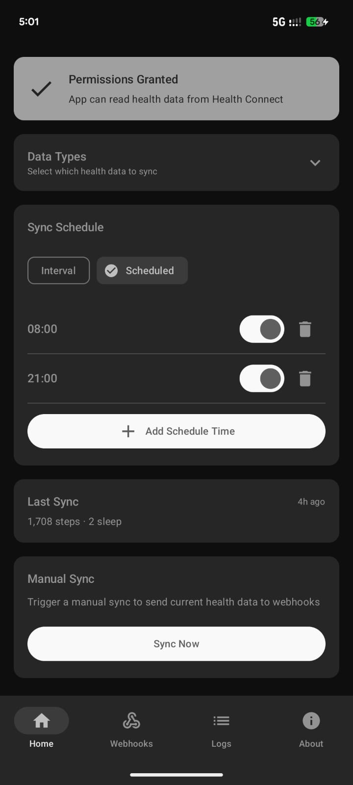 HC Webhook home screen