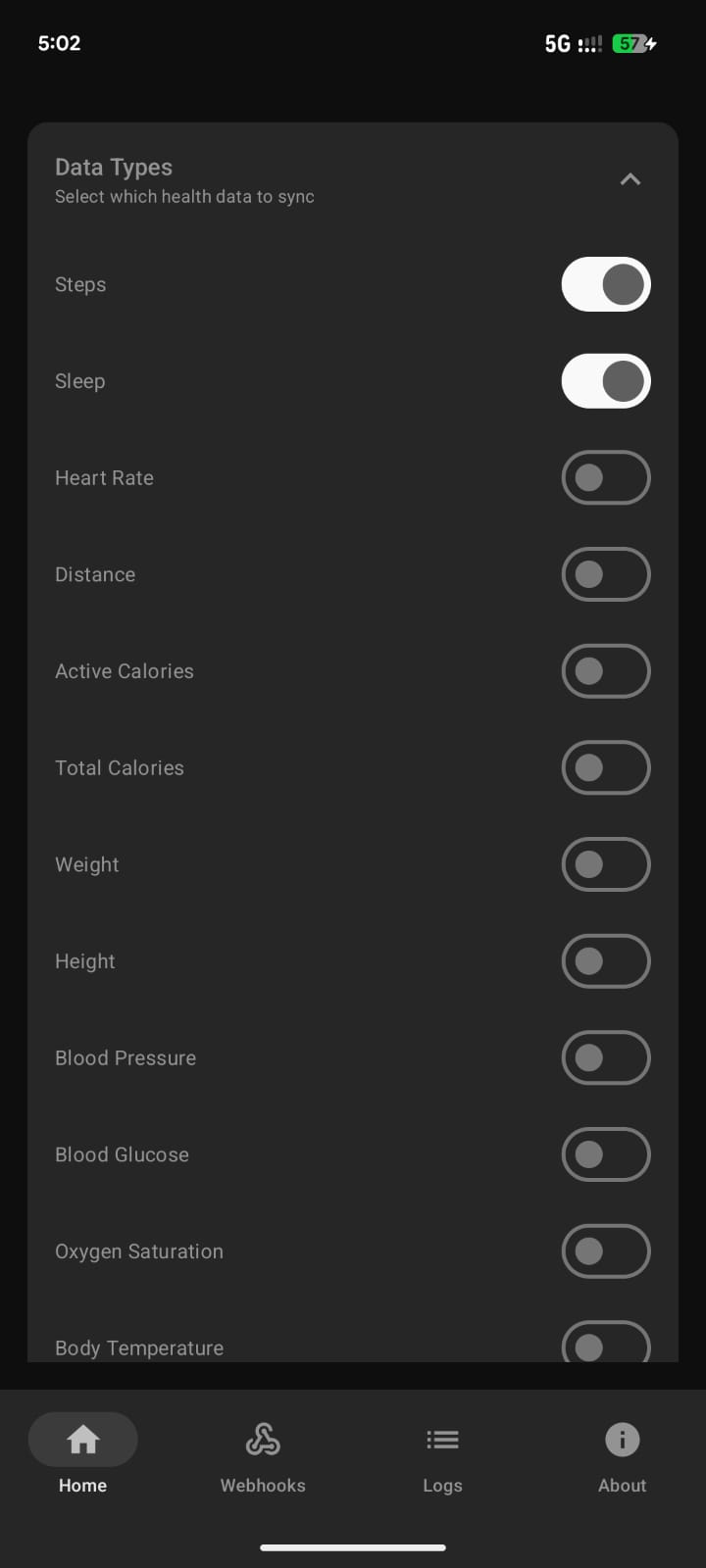 HC Webhook data types screen