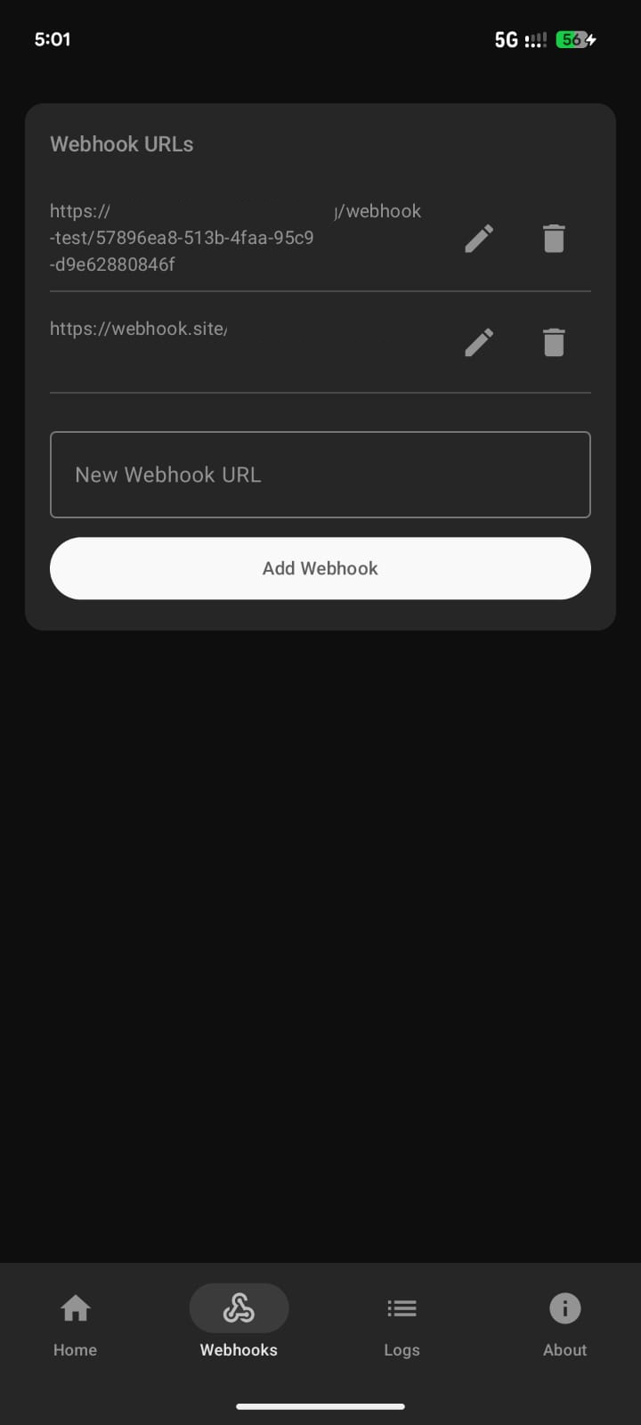 Webhooks screen